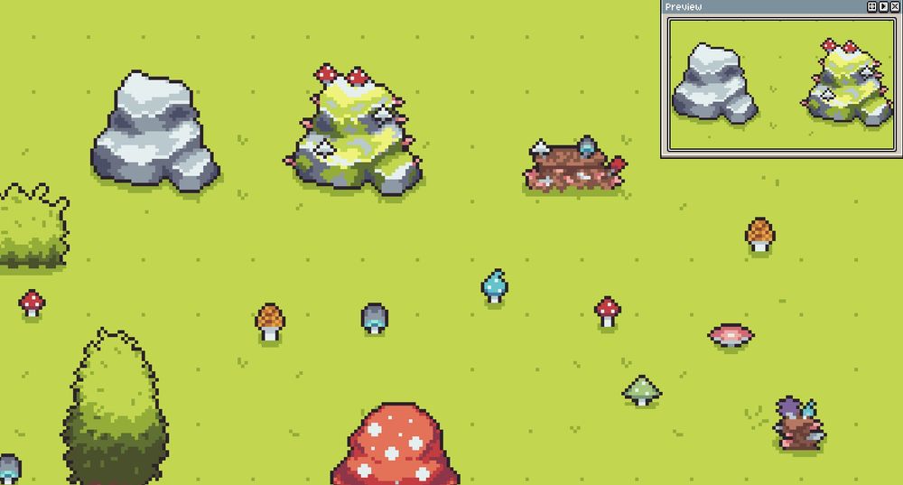 A pixel art scene with mushrooms, rocks, and mushroom rocks (and some trees!) on a green grass background.