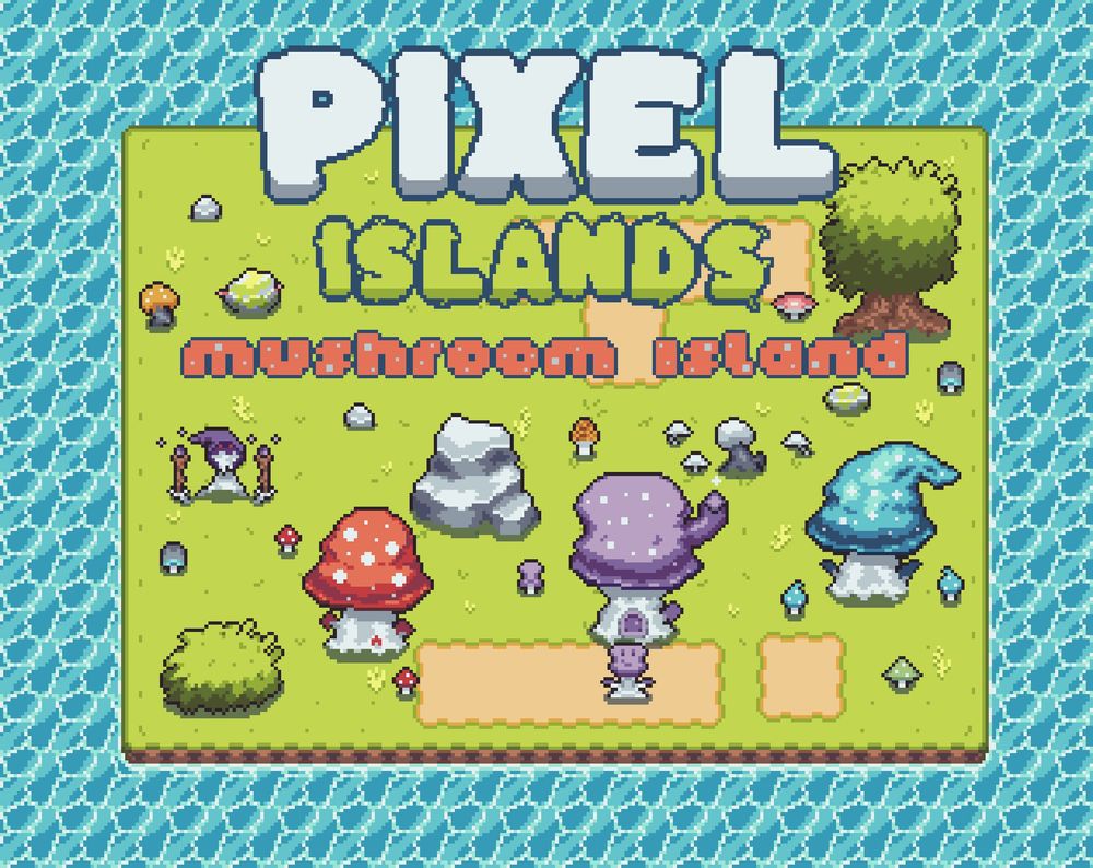 The logo image for the Mushroom Island pack - displaying several of the pack's assets, with large text saying "Pixel Islands: Mushroom Island".
