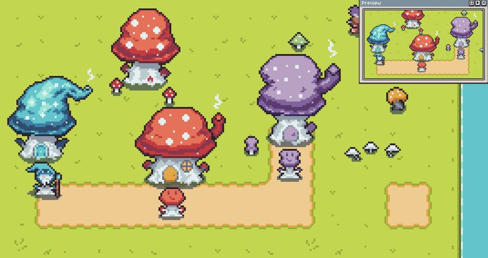 A pixel art scene with 3 mushroom houses in different colors and shapes, each one with a matching mushroom creature in front of it.