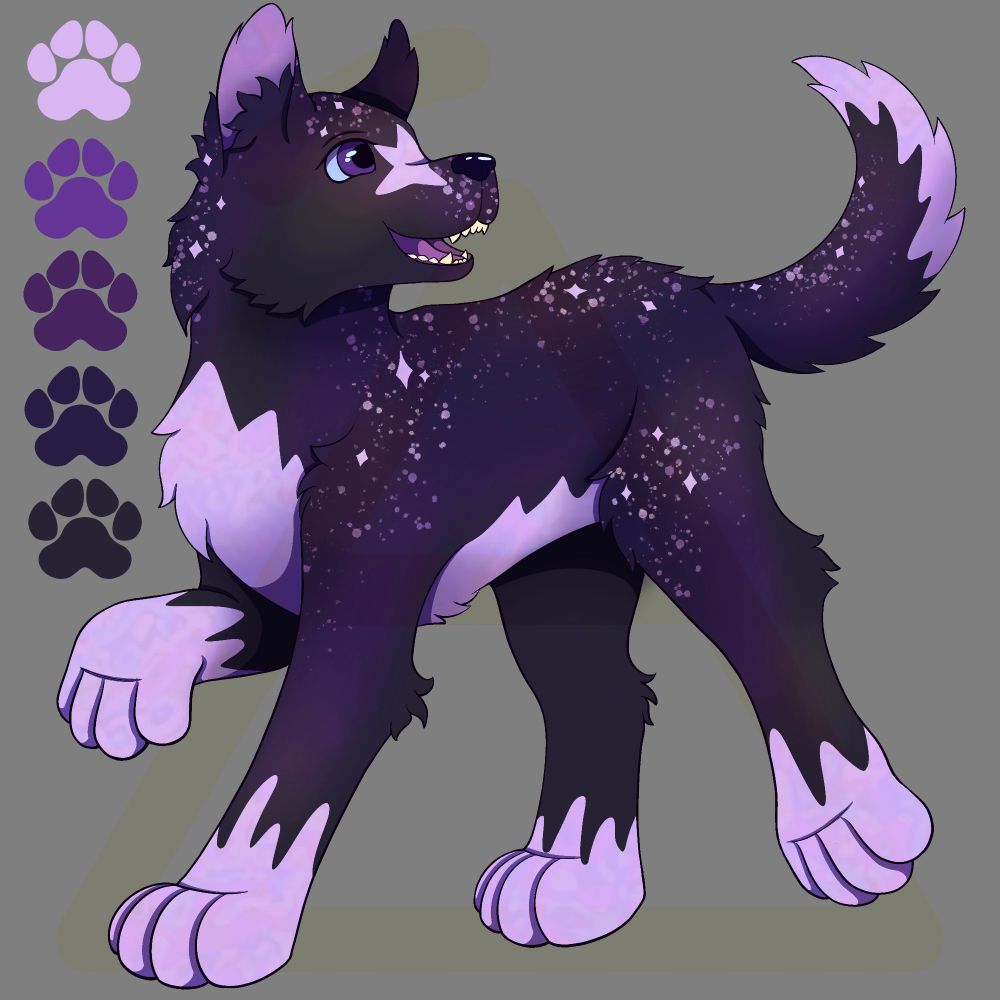 A purple galaxy themed dog drawing