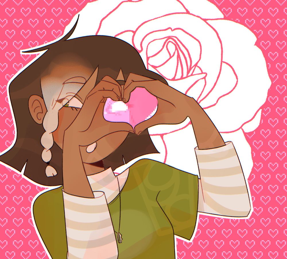 a girl with short brown hair holds her hands up in the shape of a heart to frame her eye. within the hand frame it is tinted pink and slightly pixelated. in the pink background there is a large rose and a pixel heart pattern.