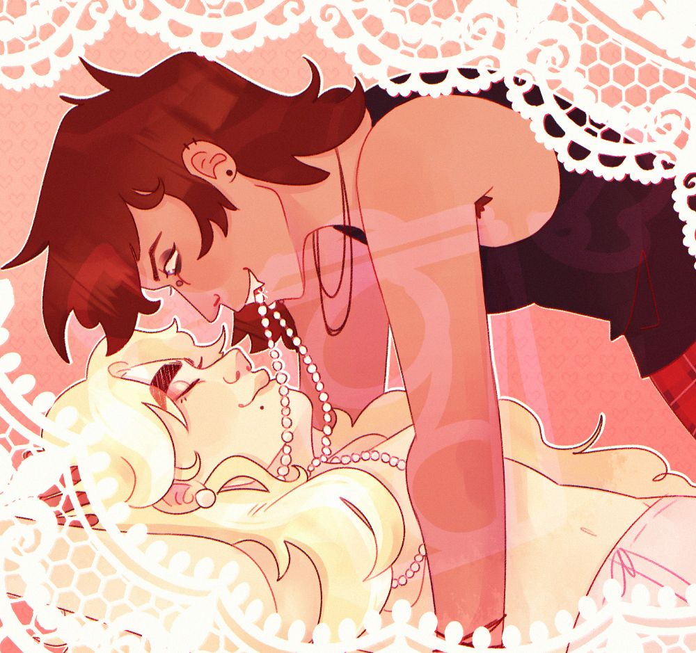 two women, one laying with a serene face, topless save for a pearl necklace and the other hovering over her, one of the first women's pearls in the second woman's mouth as she grins mischievously.