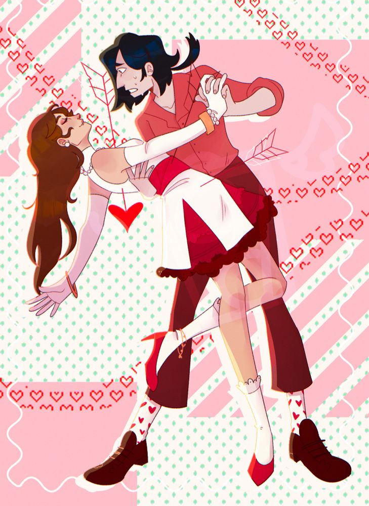two women in valentines appropriate outfits, one dipping the other. the one being dipped is “impaled” with heart shaped arrows