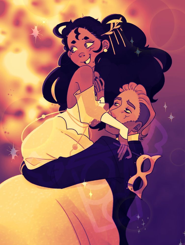 a finished piece of two original characters, one holding the other while wistfully looking at her. 