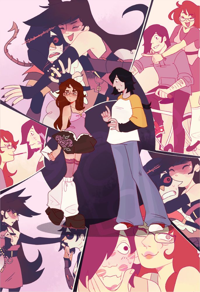 two original characters, one looking away shyly with a letter behind her back and the other looks surprised / nervous. behind them are multiple vignettes of them interacting in cute ways