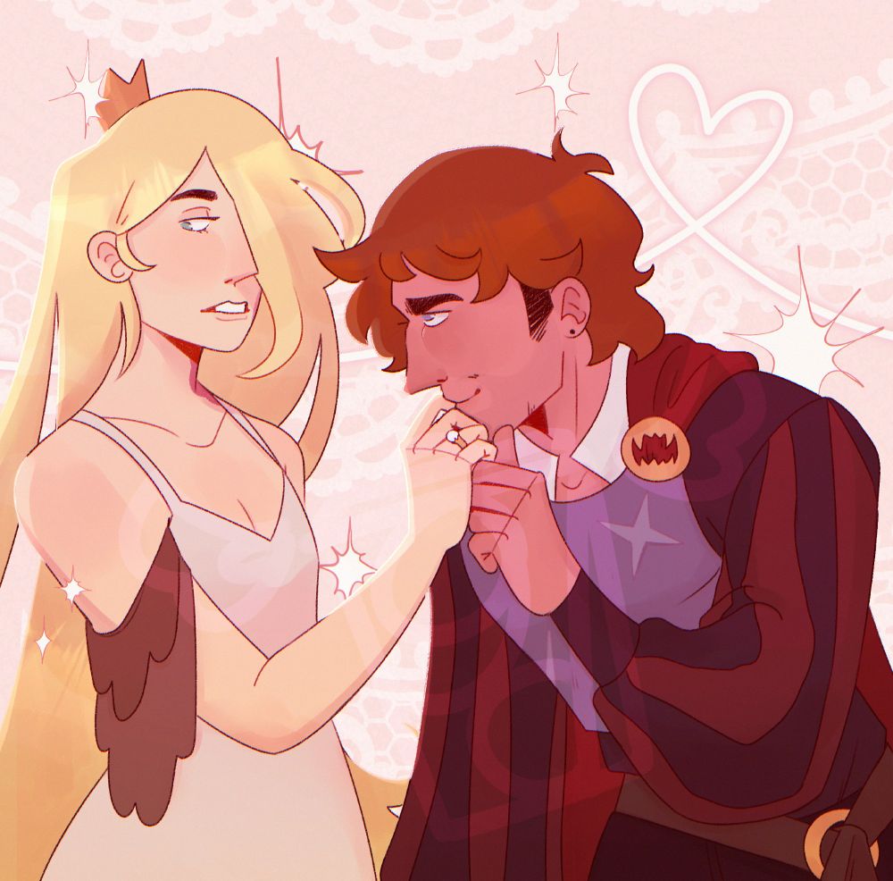two original characters, one a princess and the other a knight. the knight is kissing the princess' hand and looking up at her while she looks away