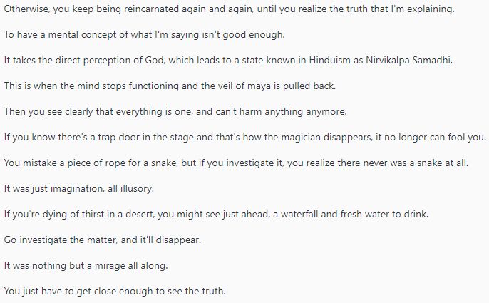I continue to explain how the ego creates the illusion of separation in the one consciousness, using examples like how a mirage looks real, but if you investigate, it disappears altogether.
