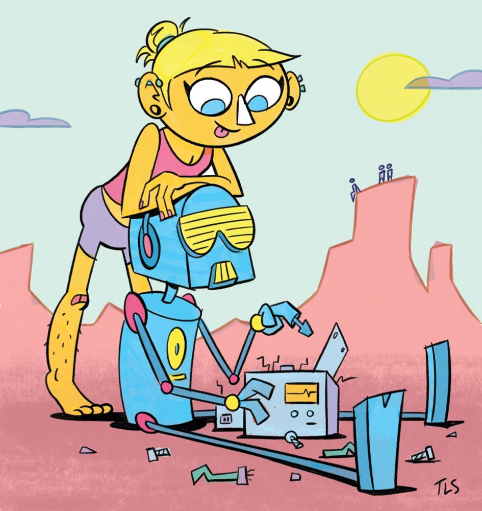cartoon drawing of a girl and a robot in some kind of desert wasteland. The girl is very tan, sunscreen on her nose, wearing athletic clothes, and hairy legs. the robot is sitting on the ground fixing some kind of electronic with a screwdriver from his finger. His design makes it look like he is wearing headphones and shutter shades. Their colors are very bright and evoke the palette of highlighter markers.