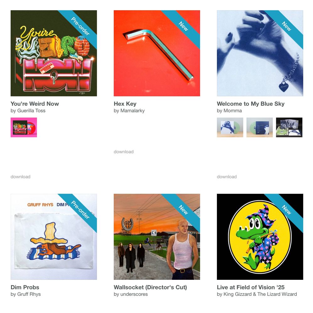 You're Weird Now by Guerrilla Toss , Hex Key by Mamalarkey, Welcome to My Blue Sky by Momma, Dim Probs by Gruff Rhys, Wallsocket (Direcorts Cut) but underscores, Live at Field of Vision '25 by King Gizzard & The Lizard Wizard