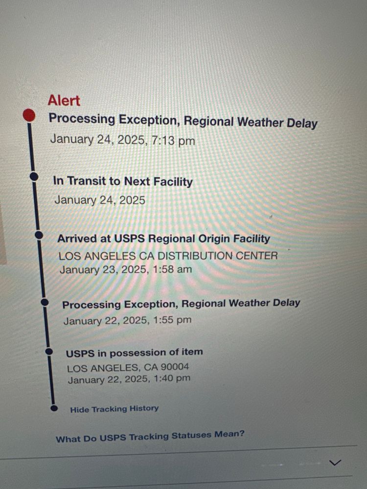 USPS Tracking that shows a package being delayed by a “regional weather delay” twice