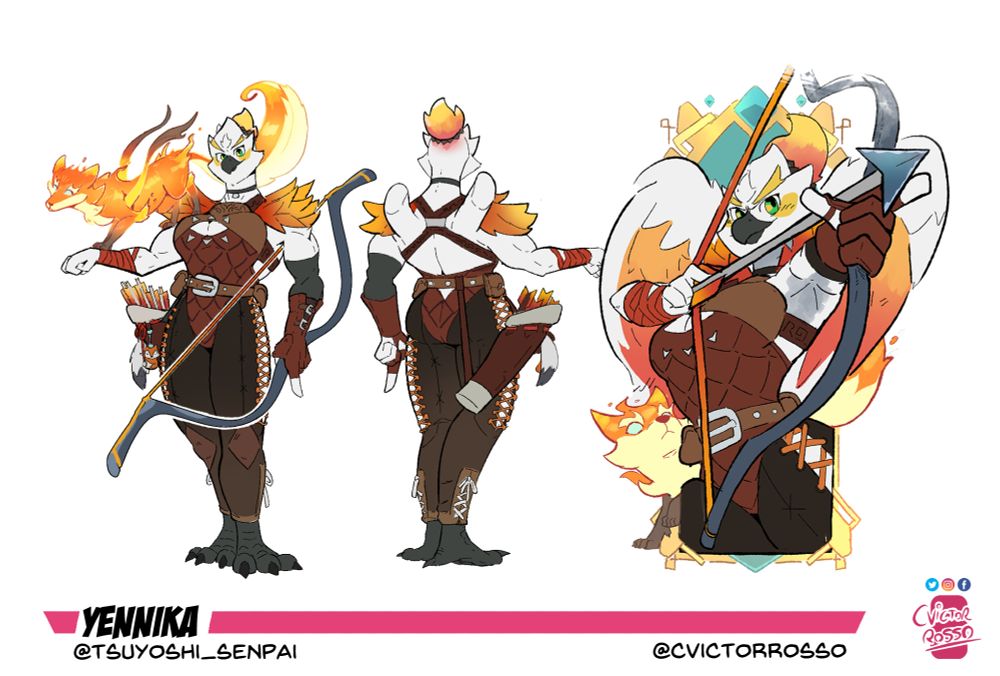 Reference sheet of an Antrhopomorphic female white bird. she has a leather suit with a corset. there are 3 pictures from left to right: A front view with a a spirit fire fox familiar hanging from her outstretched right arm. a back view without the fox and a keypose featuring both of them as she aims just past the viewer.