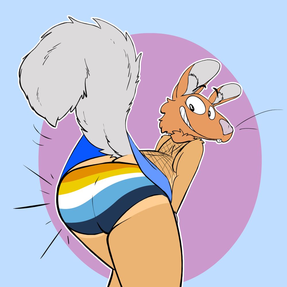 Wized lifting his tail to show of aro/ace pride flag underwear 