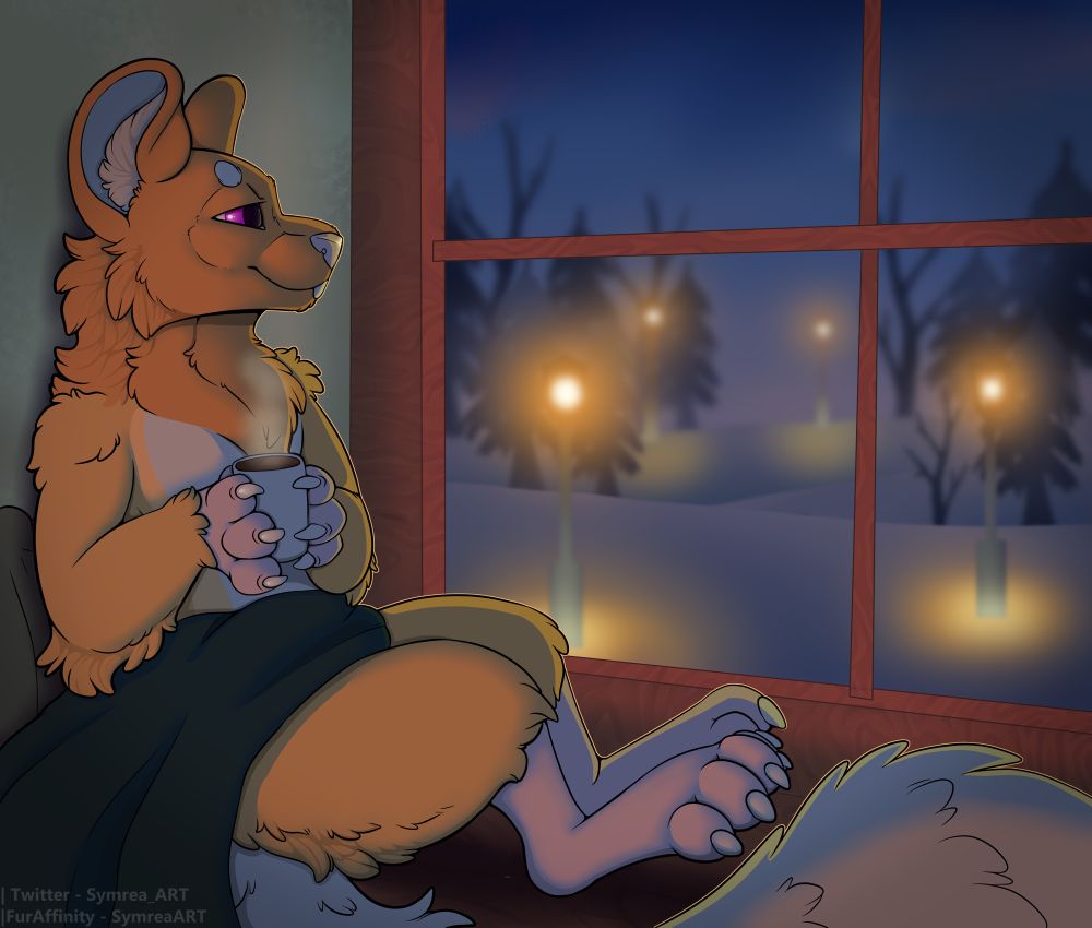 Wized staring out the window at a snowy night with a blanket and a warm hot chocolate 