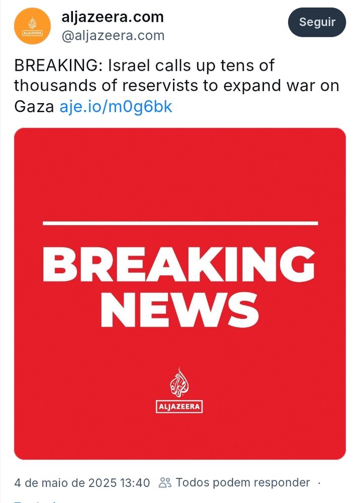 Manchete da Aljazeera informando que Israel acaba de escalar mais soldados para expandir a "guerra" em Gaza. 