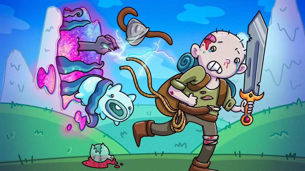 Full body illustration of Josh + Bloopie from ArtFight 2024, drawn in the style of Adventure Time. Here they can be seen running from some monsters through a portal, with grass hills and ice mountains in the background. There’s a broken potion bottle on the ground, and some of Josh’s armor is flying off. He has a sword in hand and some scratches over his body.