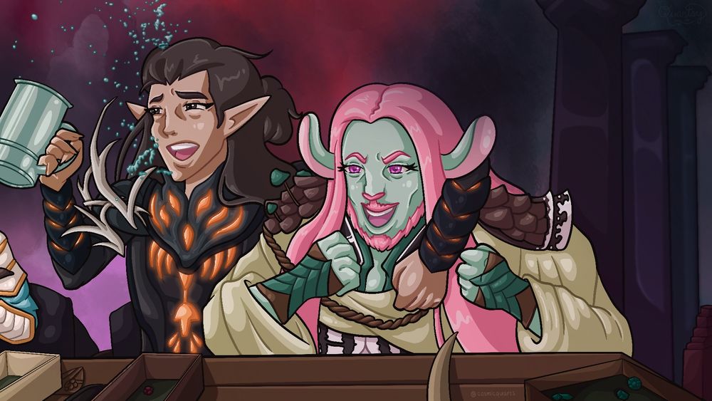 Vex, Vax, and Caduceus for the Critical Frames 10 Year Anniversary project. Illustrated by cosmicquarts, this shows the three at a D&D table celebrating a successful role. Vax is holding a cup of liquid that’s flying out, Caduceus is clenching fists and looking onward excitedly, and Vex is mostly out of frame except her arm. All are wearing their level 20 outfits! Background is an abstract rich, vibrant tone of red and purple. Feature characters from Vox Machina and Mighty Nein from Critical Role.