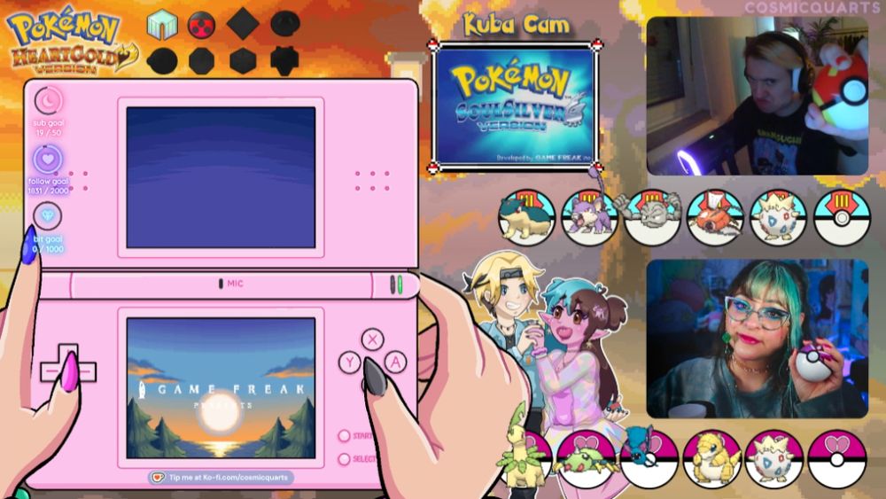 screenshot of cosmicquarts (Quartsy) and vemonxd (Kuba) with their stream overlay and team for their Pokemon Heartgold Soullink Artlocke challenge. Kuba's team has: Cyndaquil, rattata, geodude, magikarp, and togepi, while Quartsy has Bayleef, spinarak, zubat, sanshrew, and togepi. Kuba and Quartsy pose while holding a fast ball and love ball in the right hand side while Quartsy's hand illustrated DS overlay is to the left.