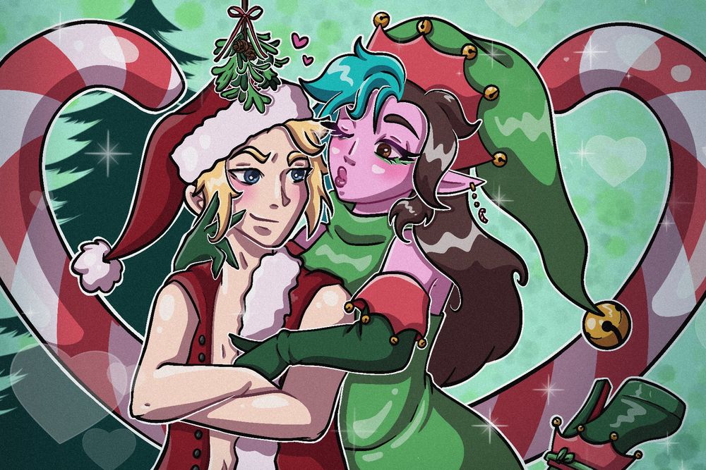 A landscape style holiday-themed illustration of cosmicquarts and vemonxd. In the halfbody portrait Quartsy is wrapping her arms around Kuba and twirling his hair while puckering her lips and winking. Kuba is smirking with his arms crossed. He’s wearing a Santa outfit and hat while Quartsy has an elf one. There’s a mistletoe above them both as well as large candy canes in the shape of a heart in the background with the silhouette of a tree. Background is light green and has some light bokeh rendering. Drawn in procreate; original drawing reference by carolaborelli of Rogue and Gambit