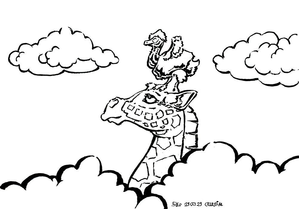 An ostrich chick atop a giraffe in the clouds!