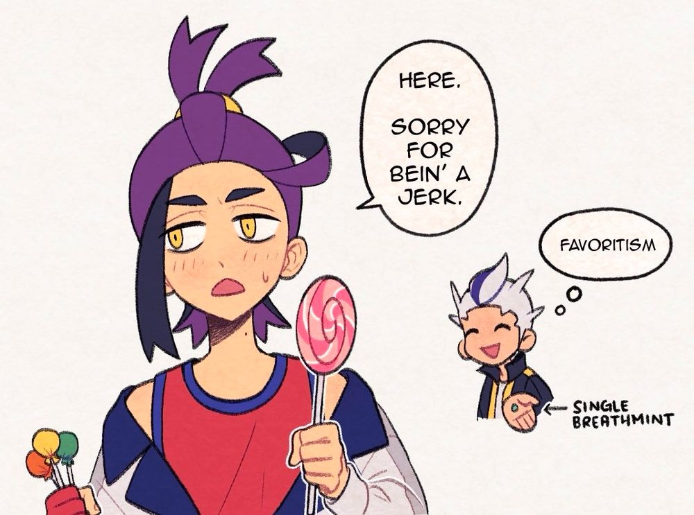 Kieran giving out candy after the Indigo Disk DLC as an apology to club members. Drayton gets a singular breathmint.