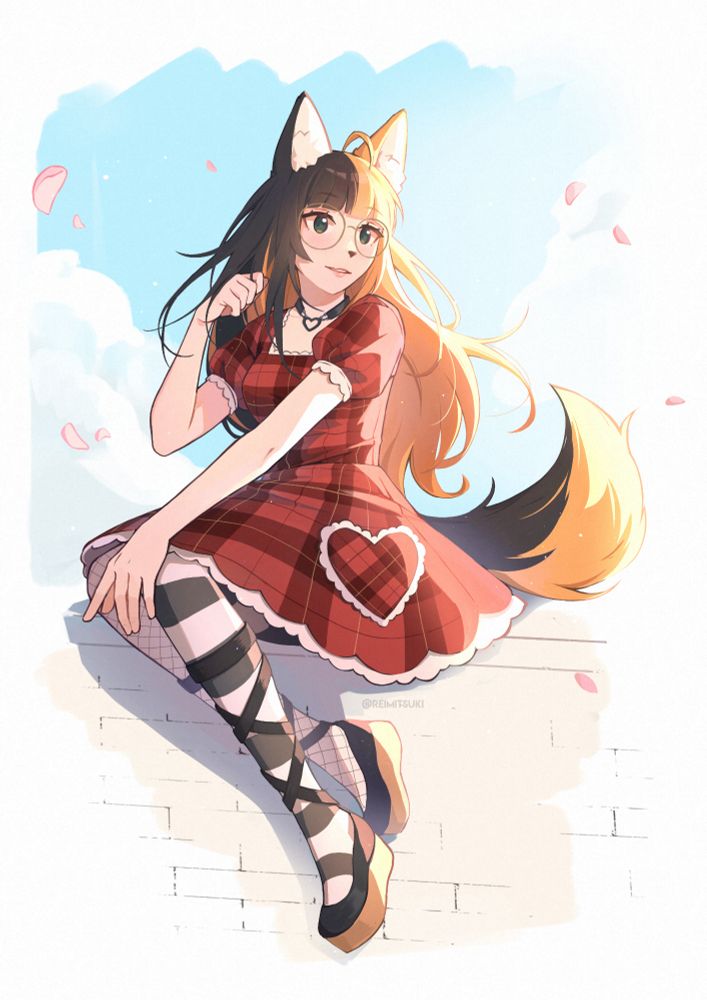 illustration of cakejumper's vtuber character, she is sitting on a faint background wearing a red tartan dress, leggings and platform shoes. she has glasses, half and half black and red hair, fox ears and fox tail, and is looking towards the distance.