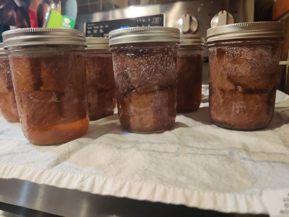 Pints of corned beef cooling on top of a stove. One jar has meat floating in it and that's one that just came out of the pressure canner so it's still really hot.

Jars are messy because fluid does escape during the processing time - I'll wash the jars before I put them into storage. I'll also remove the rings on the jars (if the seal on the lid fails, the ring might hold it in place making it look okay when it's not.