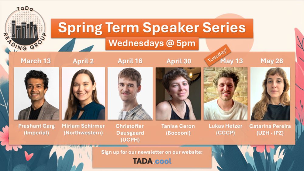 The flyer shows the overview of the programme for the Text-as-Data Spring Term Speaker Series 2025, which usually takes place on Wednesdays at 5pm Berlin time.