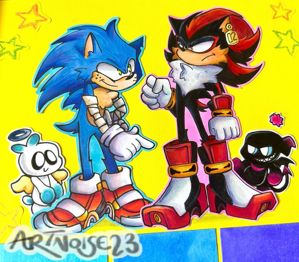A redraw of one of the illustrations from Sonic Adventure 2 where Sonic and Shadow look dreamy into each others eyes.  Chao are there as well. 