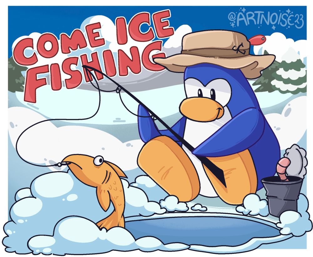 A blue penguin in the style of the Club Penguin game ice fishing. They have caught a yellow fish in the process. 