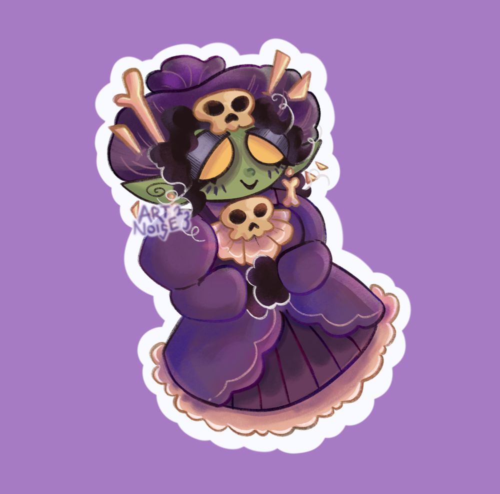 A chibi design of Grimora from the game Inscryption. She is content about her world ending by her hands very soon. 