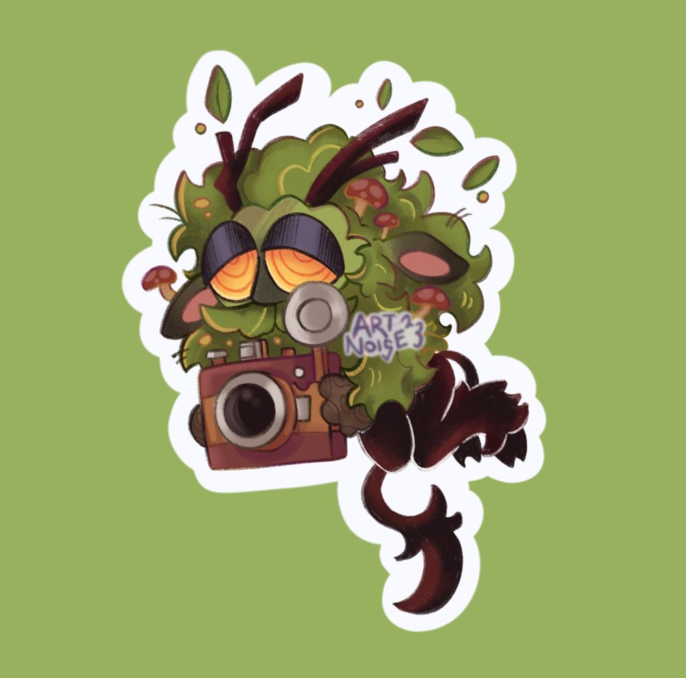 A chibi version of Leshy from Inscryption his holding the spooky camera from the game and looking very tired.