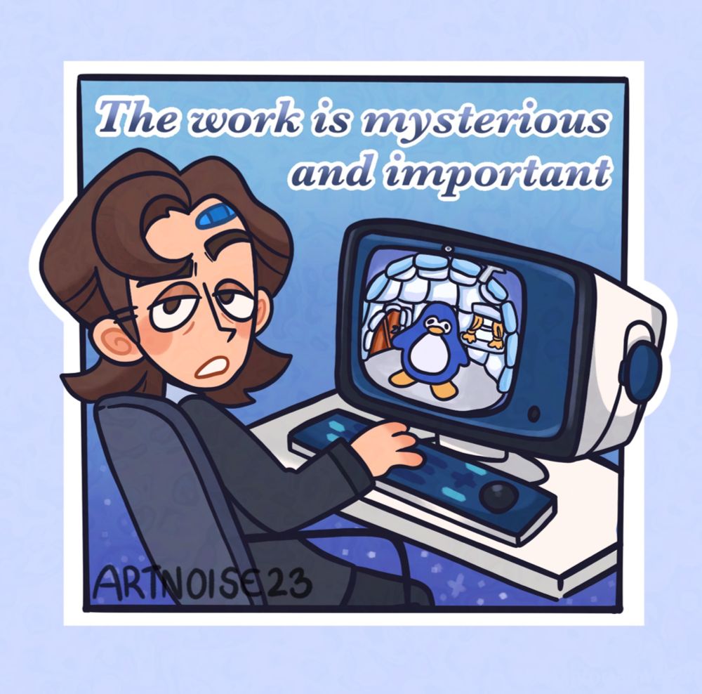Mark S from the hit show Severance by Apple TV is playing Club Penguin on his Lumon licensed computer while saying his hit catchphrase The Work is Mystery and Important. 