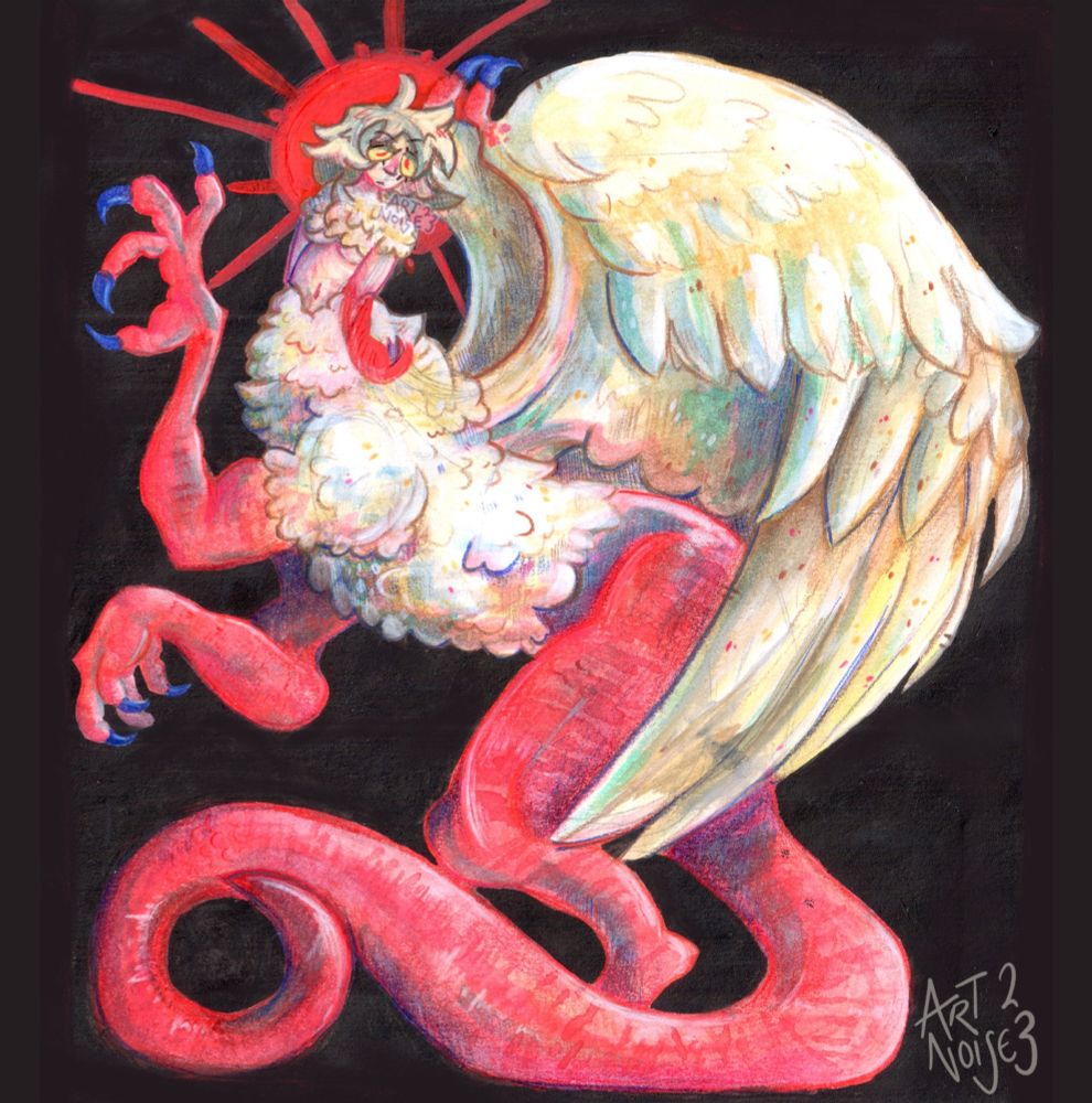A colour pencil illustration of the character Falin from Dungeon Meshi as her monstrous chimera form. 
