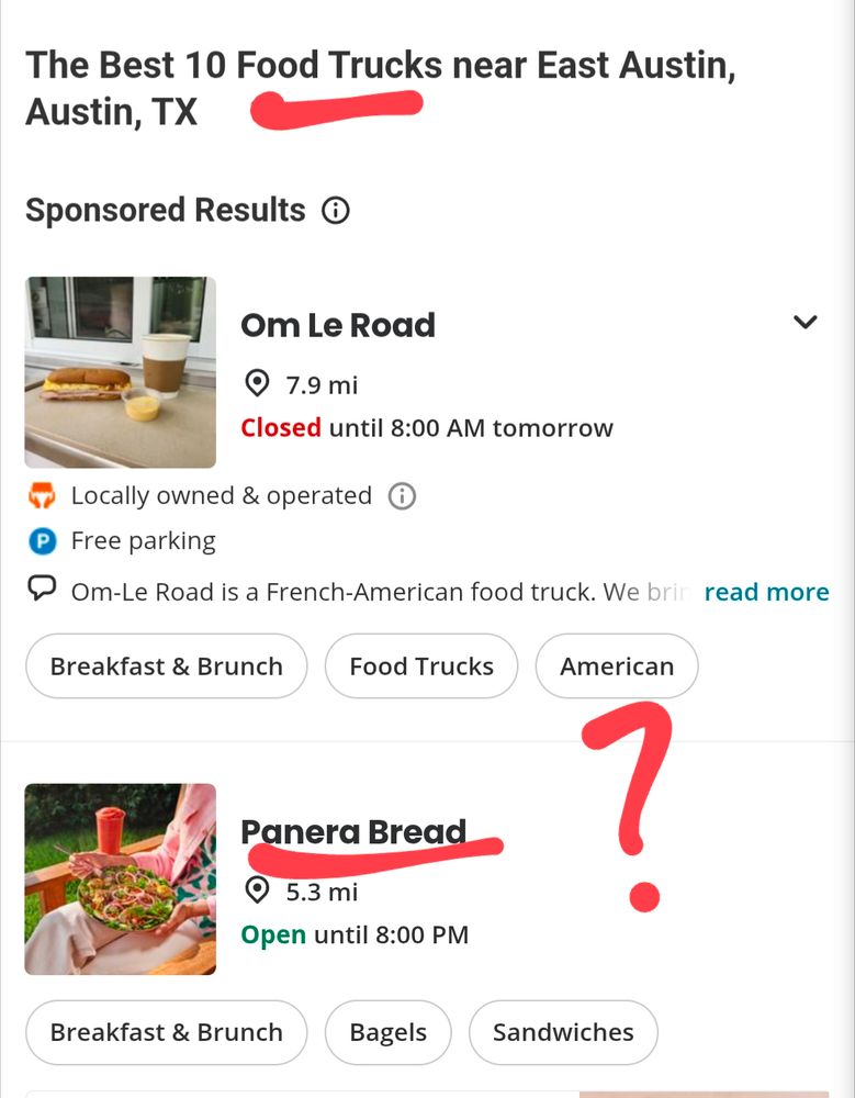 Yelp recommendation of "Panera Bread" as an Austin food truck