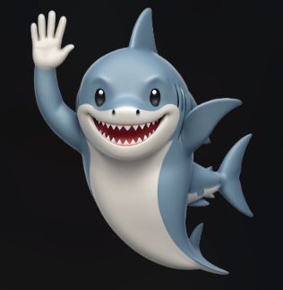 Very evil looking shark with 2 fins waving a human arm