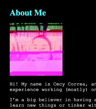 Screenshot of my website with a glitchy profile photo featuring distorted blocky colors to give a glitchy/loading perspective.
