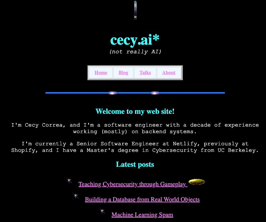 My new website featuring a dark background with white text, moving gifs, and a late 90s web aesthetic.