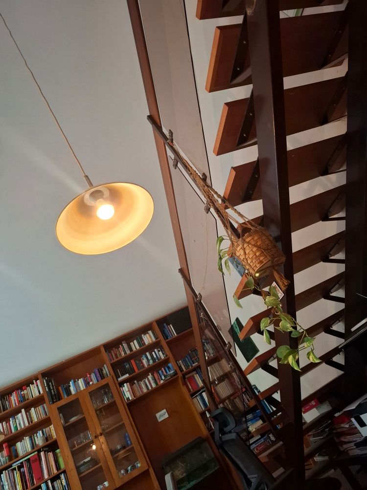 Eine Treppe von unten. Zwischen den Stufen sind Zwischenräume, so dass man hindurch sehen kann. Die Kamera orientiert sich an der Schräge der Treppe. Hinten steht ein hoher Bücherschrank, von oben hängt eine Lampe. Der Raum wirkt durch die Perspektive verzerrt. 