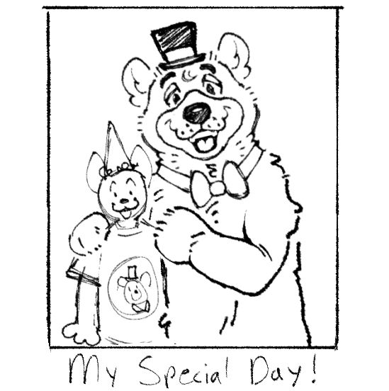 This is the original rough sketch base for all of the YCHs. A character wearing a Freddy Fazbear shirt and a pointing birthday hat is smiling at the camera whilst Freddy Fazbear rests his paws on their shoulders with a warm, toothy grin on his face. 
