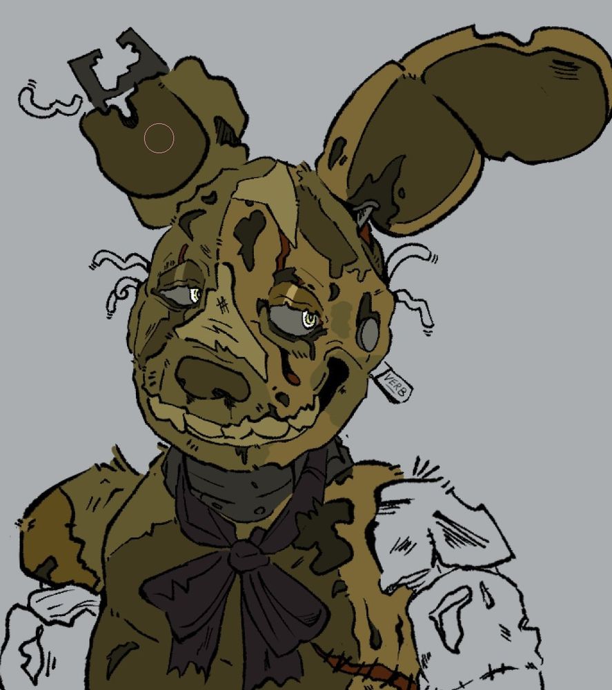 It's Springtrap! Although not completely covered, he has rotting yellow fur with green spots and mold all over it. Yuck! He is smiling towards the end of the frame. 
