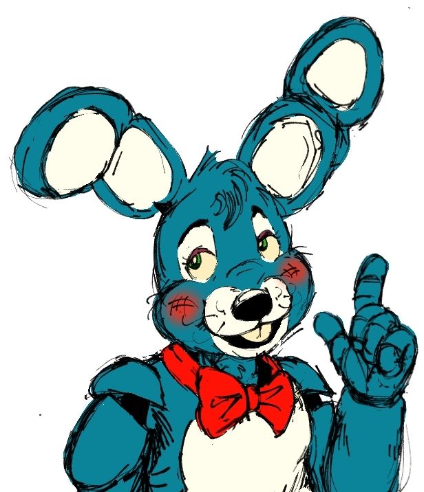 It's Toy Bonnie! He is smiling with rosy cheeks, teal fur, and a bright red bowtie. His right arm is pointing upwards as he looks towards the end of the frame. 