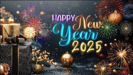An image of gold and colourful presents, baubles and 'star bursts' on a dark grey background, with the legend (in various colours) Happy New Year 2025 superimposed