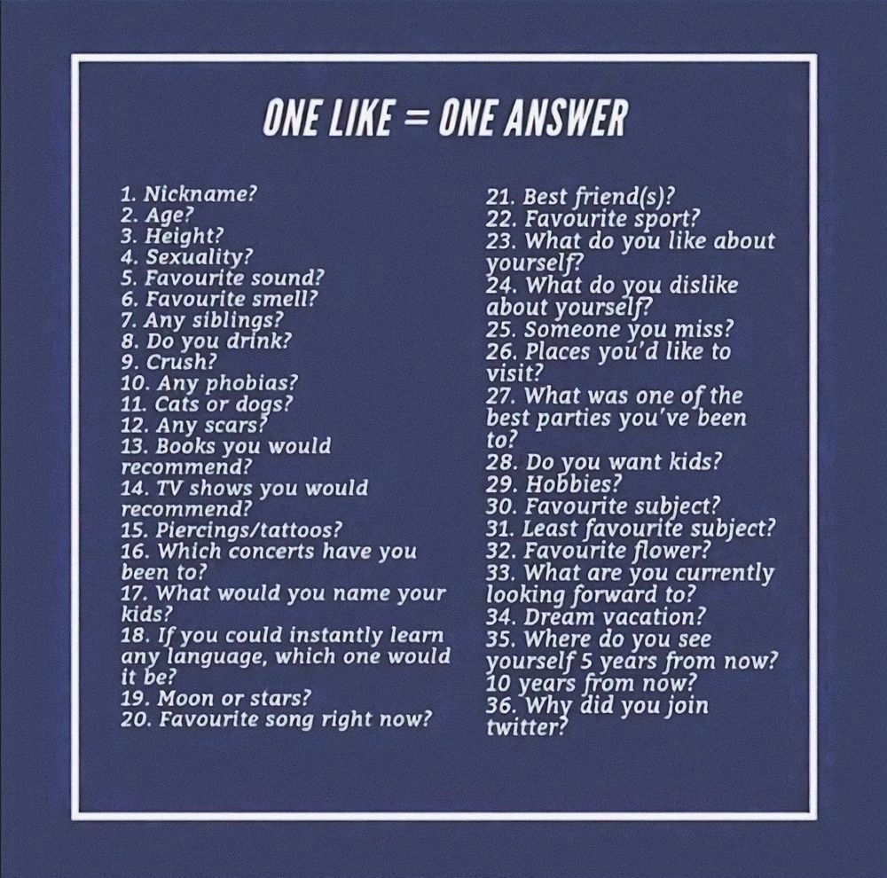 Recuadro con 36 preguntas personales bajo el título "One like = one answer"