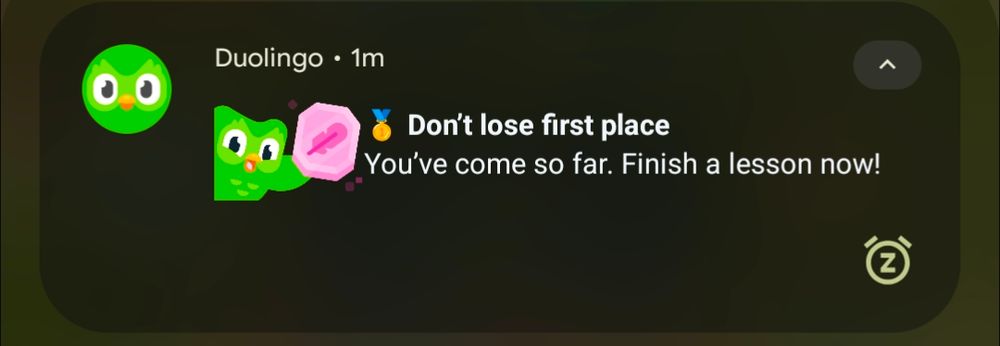 duolingo notification: "don't lose first place!"