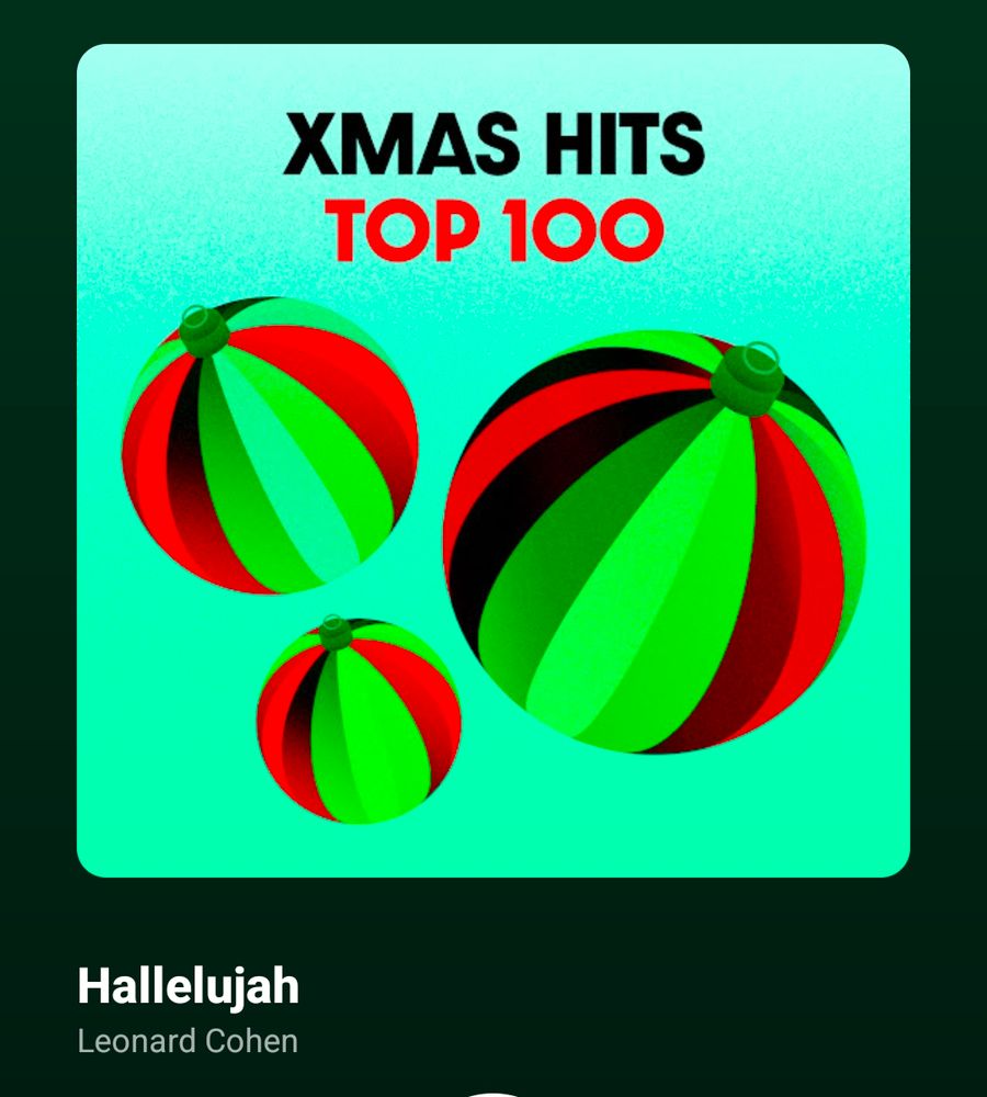 youtube music screenshot. i'm playing hallelujah by leonard cohen and the cover image says x-mas hits top 100