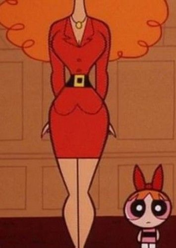 screenshot of the Powerpuff Girls cartoon, showing Ms Bellum - a statuesque redhead in a red skirt suit, her face is not visible but an enormous cloud of curly ginger hair is