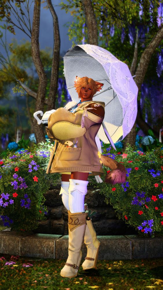a mystel stands in the center of the shot, surrounded by flowers. he is holding a white umbrella with both hands. he has a smile on his face. he has one leg leaned back, with his tail curled contently.