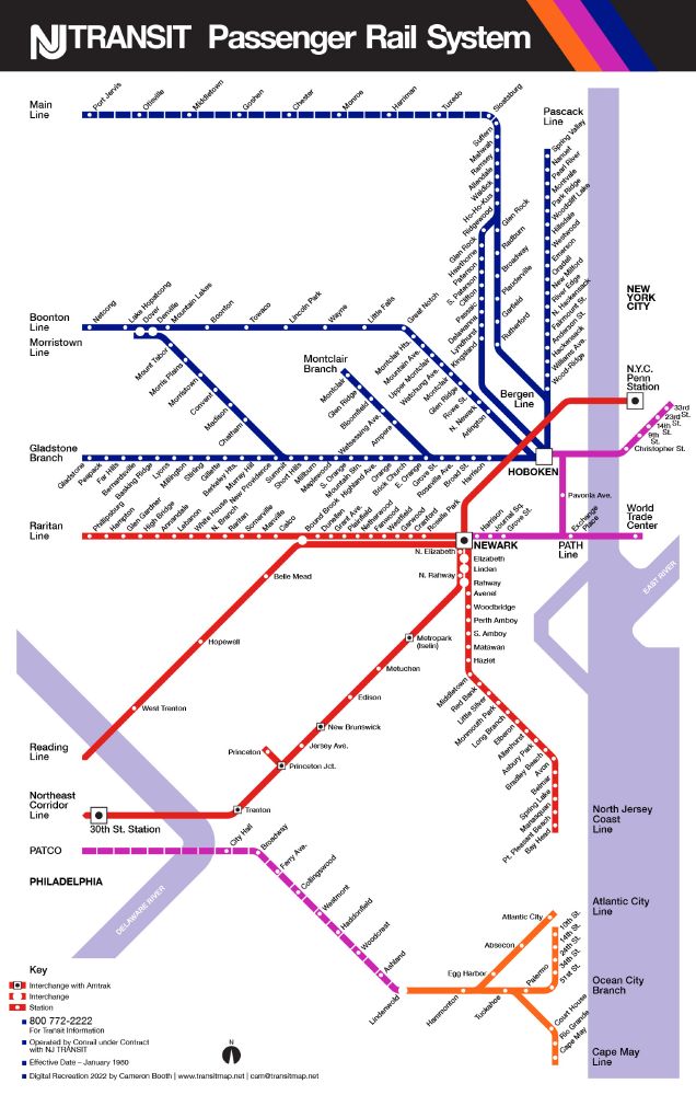 Modern computer-designed reworking of the black and white "Graphic Standards Manual Map". All stations are labelled and the route lines are now color-coded using NJ Transits corporate colors of orange, magenta and blue.