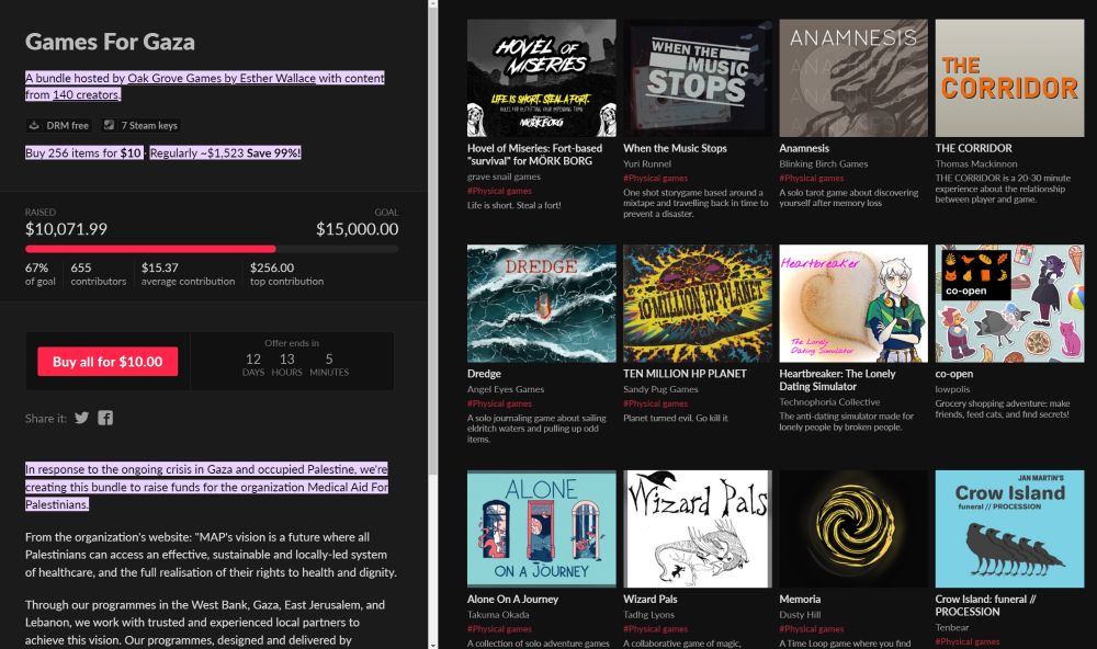Photo of the gallery for the Games for Gaza bundle. Link in post.