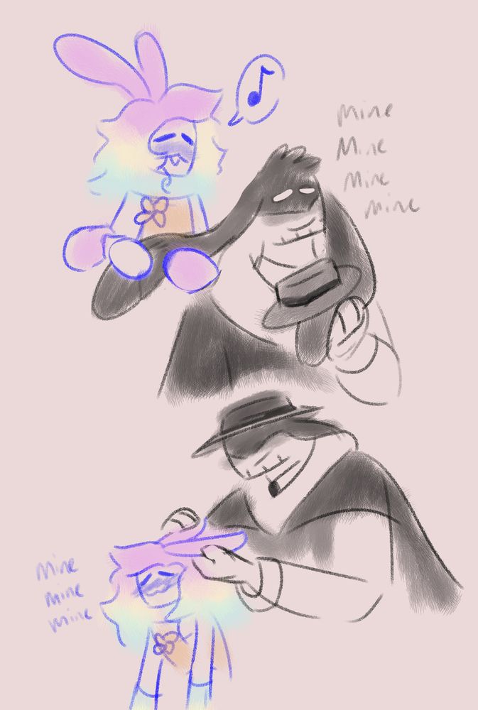 Blippity and Mafioso from Forsaken grooming each other's bunny ears. When they get brushed, both of them have the thought process "mine mine mine mine"